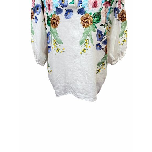 Kaktus Italy 100% Linen Floral Notched V Ruffle Neck Tunic Top Womens Large - Picture 4 of 9